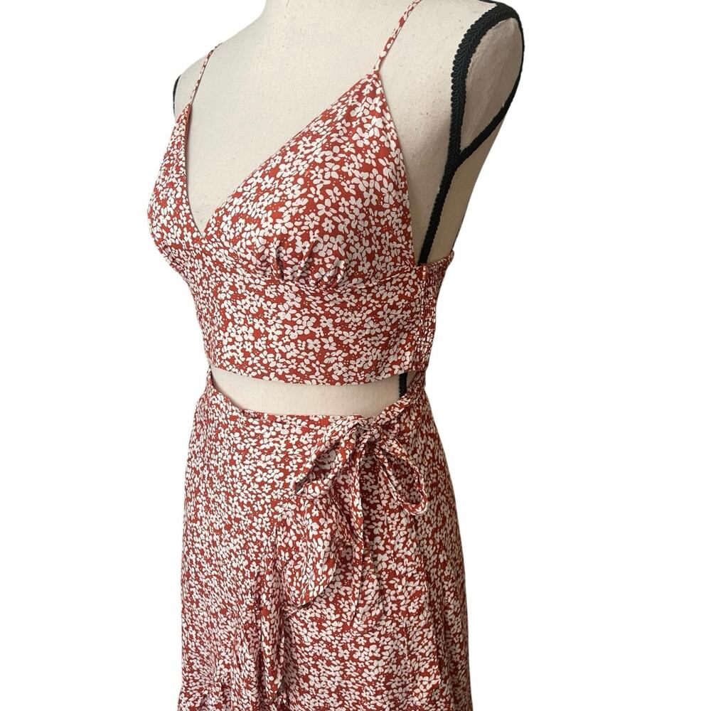 Lulu’s Summer Romance Rust Brown Floral Print Two-Piece Midi Dress Small Boho - Picture 5 of 13